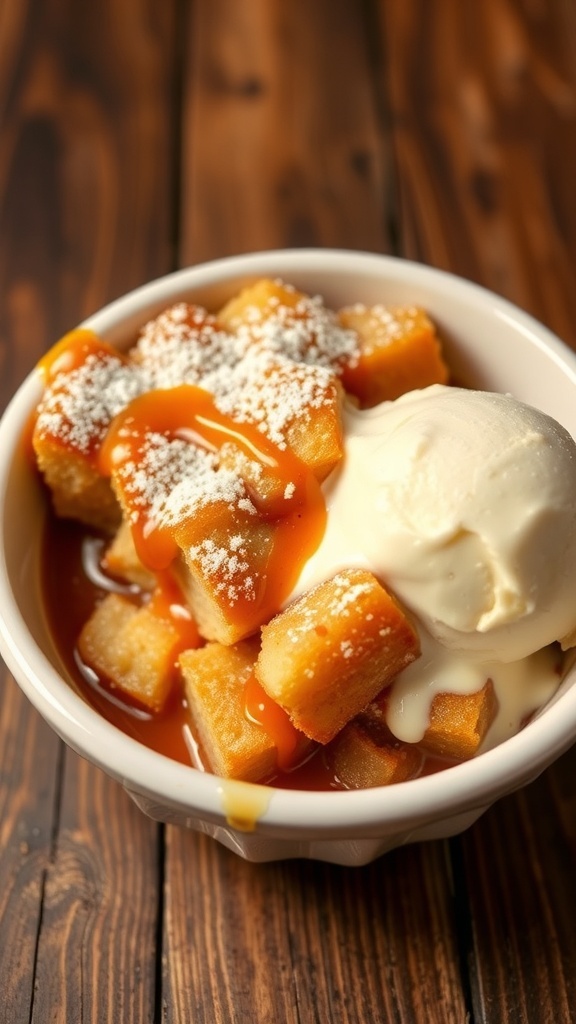 Warm bread pudding with caramel sauce and ice cream on a rustic table.